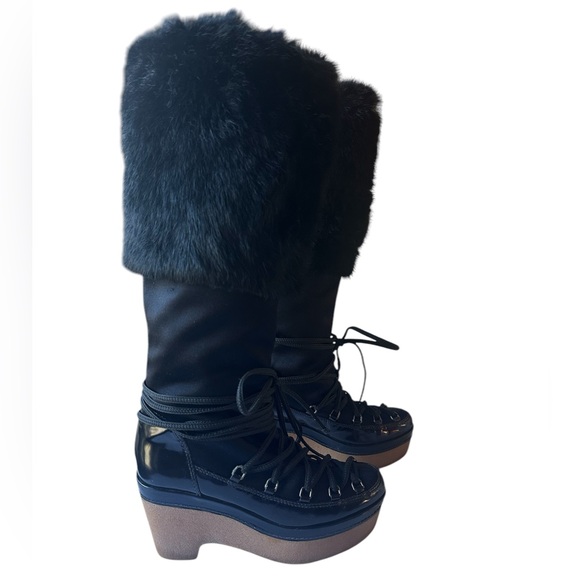 Givenchy Satin, Leather & Fur Knee High Lace Up Boots Size 37 - Picture 3 of 11